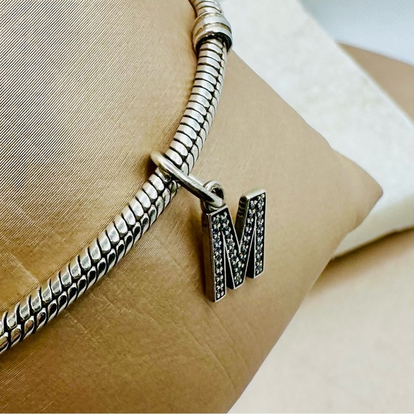 EUC Pandora 791325CZ Sterling Silver Alphabet Letter M Dangle Charm w/ Clear CZs - Picture 6 of 11